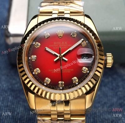 Clone Rolex Datejust Red Dial Yellow Gold Jubilee Band Watches